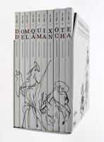 Lote 491 - LIVROS "DOM QUIXOTE DE LA MANCHA" - 10 vols. Por Miguel de Cervantes; Imagens Júlio Pomar; Desing Henrique Cayatte; Tradução Miguel Serras Pereira. Editora: Lisboa, Expresso, 2005. Dim: 27x27 cm. Encadernação de capa de brochura com caixa arqui