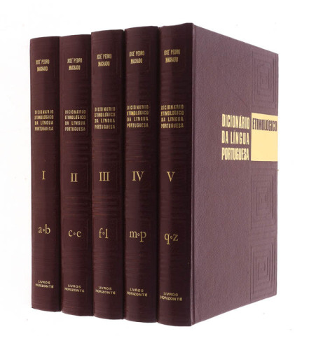 Lote 830 - LIVROS "DICIONÁRIO ETIMOLÓGICO DA LÍNGUA PORTUGUESA" - 5 vols. Por José Pedro Machado. Exemplares idênticos à venda por € 132,18. Editora: Lisboa, Livros Horizonte, 1977. Dim: 25x18,5 cm. Encadernação inteira em pele. Nota: sinais de manuseame