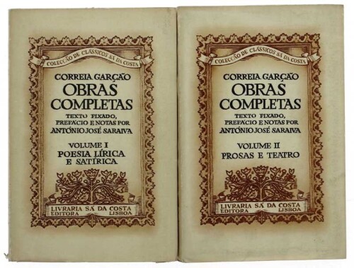 Lote 842 - LIVROS, CONJUNTO - 2 vols. "Obras completas. I. Poesia Lírica e Satírica; II.Prosas e Teatro", Correia Garção, Lisboa, Livraria Sá da Costa, 1957-1958. Dim: 19,5x12,5 cm. Encadernações da capas de brochura. Nota: capa e lombada cansadas