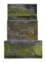 Lote 193 - CONJUNTO DE PLACAS TOPOGRÁFICAS - Composto por 3 placas com imagem de casa, paisagem e pessoas, com suporte de madeira. Dim: 2x18x8 cm. Nota: sinais de uso