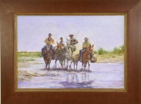 Lote 5015 - CARLOS PRUDÊNCIO (n.1949) - Original - Pintura a óleo sobre tela, assinada, motivo "Campinos", com 38x55 cm (moldura com 54x70 cm). Obra deste pintor à venda por € 2.500. Nota: Carlos Prudência é natural de Estremoz e realizou ao longo da sua 