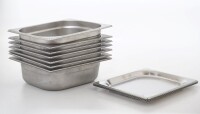 Lote 10 - CUBAS EM AÇO INOX - Conjunto de 11 cubas. Dimensões: 2x32,5x27 cm (4). 10x32x26cm (7) cm. Nota: Sinais de uso