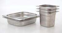 Lote 45 - CUBAS EM AÇO INOX - Conjunto de 6 cubas. Dimensões: 15x16x17 cm (3). 6x32x26 cm (3). Nota: Sinais de uso