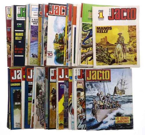 Lote 3056 - CONJUNTO DE REVISTAS "SEMANÁRIO JUVENIL JACTO" - 60 vols. nº1 a 57; 63 a 65 de 1971-1973. Dim: 28,5x22 cm. Encadernações de capas de brochura. Nota: sinais de manuseamento