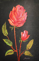 Lote 121460003 - Pintura sobre seda aplicada sobre platex, assinado Jeneviéve, motivo "Rosas", com 24x16 cm 