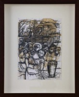 Lote 5009 - MALANGATANA (1936-2011) - Desenho a caneta sobre papel, não assinado, motivo "Composição com Figuras Africanas", com 29x21 cm (moldura com 46,5x38 cm). Nota: Malangatana Ngwenya nasce em Matalana, Moçambique, em 1936. Em 1960 o arquitecto “Pan