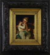 Lote 5019 - A. MAUVE - Pintura a óleo sobre madeira, assinada, motivo "Avô e Neto", com 25x20 cm (moldura com 54x49 cm). Enquadramento da Carvers & Gilders, England