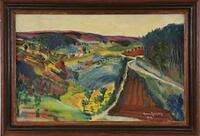 Lote 5221 - HENRI ROMAIN - Original - Pintura a óleo sobre tela, assinada, datada de 1944, motivo “Paisagem Rural”, com 44x70 cm (moldura com 56x80 cm, com pequenas falhas de manuseamento)