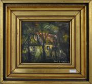 Lote 121460364 - Quadro com pintura a óleo sobre tela de Robert Coroller, datado de 1983, Casa Transmontana, moldura de madeira dourada, com 33,5x36,5 cm, Nota: com falhas e defeitos, tela apresenta rasgo