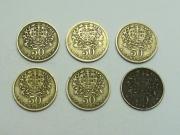 Lote 136 - Lote de 6 moedas Alpaca cu 610-zn 200-ni 190 de 0,5$ (50 centavos portugues) datadas de 1955 no estado BC 