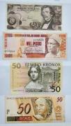 Lote 156 - Lote de 4 notas, Austria 20 Schillings, Guiné Bissau 1000 Pesos, Suecia 50 Kroas, Brasil 50 Reais, entre MBC/Belas