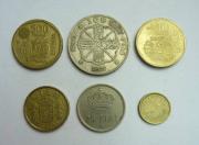 Lote 212 - Lote de 6 moedas de Espanha, 2 moedas de 500 Pesetas datadas de 1988 e 1995, moeda de 100 Pesetas de 1966, moeda de 25 Pesetas de 1975, 100 Pesetas de 1986 e 5 Pesetas de 1996, MBC