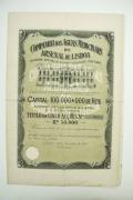 Lote 214 - Titulo de Cinco Acções Rs. 50.000, Companhia das Aguas Medicinaes do Arsenal de Lisboa datada de 1907, com 41,5x27,5 cm