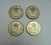 Lote 217 - Lote de 4 moedas de 100 Reis de Prata, D. Manuel II, datadas de 1910, BC