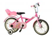 Lote 27 - B'TWIN, BICICLETA DE MENINA - Quadro cor de rosa. Roda 16. com cadeirinha para transporte de bonecas, descanso lateral e rodas laterais de apoio. Nota: sinais de uso