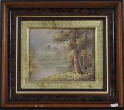 Lote 1652 - Quadro com pintura a óleo sobre tela, não assinado, motivo "Paisagem cm Lago", com 19x23 cm (moldura com 39x45 cm, com falhas e defeitos)