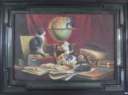 Lote 1 - Quadro com pintura a óleo sobre tela - Original - assinado G.Roy, motivo "A Lição", com 61x92 cm (moldura de madeira com 89x120 cm, pintura com efeito craquelé)