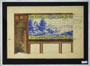 Lote 79 - A. R. Santos (ORIGINAL), aguarela s/papel, motivo "Projecto para Painel de Azulejos destinado a uma Decoração de Interiores", assinada, datada de 1911, numa moldura tradicional lacada a branco, mancha: 23x34cm, moldura: 30x40cm. NOTA: Abel Reis Santos, juntamente com Leopoldo Battistinni e Jorge Colaço, deram enorme contributo para o desenvolvimento da azulejaria Portuguesa. Abel Reis Santos está referenciado no Dicionário de Artistas Portugueses (Tannock)...