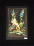 Lote 335 - Gustave Moreau, reprodução litográfica colorida, motivo "Nimpha with Griffons (Ninfa com Águias)", numa moldura negra, mancha colorida: 24x16cm, moldura: 38x29cm. NOTA: Gustave Moreau foi um importante artista Francês que viveu no final do sec XIX, cujo trabalho serviu de base para o desenvolvimento do estilo Arte Nova e que influenciou também, a obra de Klimpt.