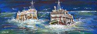 Lote 231 - LOPES DE SOUSA - Original - Pintura a acrílico sobre cartão, assinada, título “Série-Barcos Cacilheiros-Tejo - Lisboa”, com 26x72 cm - Sem Moldura. Obra deste autor foi vendida por € 520 na Oportunity Leilões. Nota: Lopes de Sousa é natal de Av