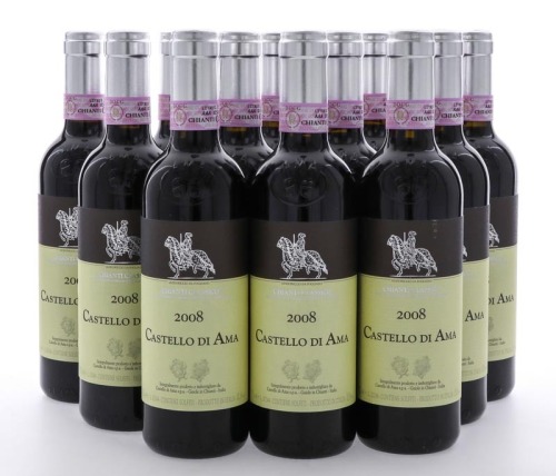 Lote 2026 - CASTELLO DI AMA 2008 – Caixa de 12 Garrafas de Vinho Tinto, Chianti Classico, Reserva, Colheita 2008, Castas Sangiovese, Malvasia Nera, Merlot e Cabernet Franc. Italia, (375ml – 13,5%vol). Nota: conjunto com valor estimado de € 170 ($ 203,40) 