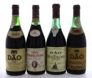 Lote 3316 - GARRAFAS DE VINHO DO DÃO - Conjunto de 4 garrafas de Vinho Tinto composto por garrafa de Dão Caves Velhas 1980, (750ml - 12,5%vol.), garrafa de Dão Caves Velhas 1972, (750ml), garrafa de Dão Meia Encosta Reserva 1970, (750ml - 12,8%vol.) e garrafa de Dão Terras Altas 1984, (750ml - 12%vol.)