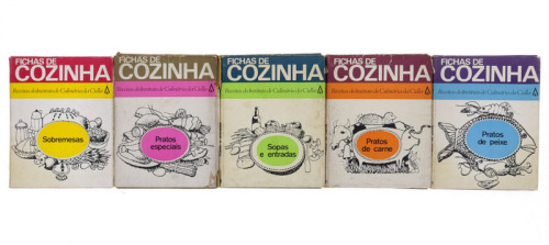 Lote 47 - FICHAS DE COZINHA - 5 vols. " Sobremesas", "Pratos Especiais", "Pratos de Carne", "Pratos de Peixe" e "Sopas e Entradas". Edição do Instituto de Culinária da Cidla. Dim: 13x10,5 cm. Brochuras. Nota: sinais de manuseamento e desgastes