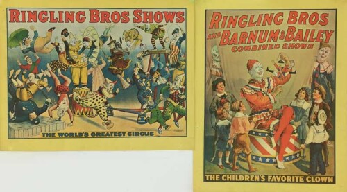 Lote 37 - RINGLING BROS SHOWS - Par de poster`s sobre papel, motivo “Ringling Bros and Barnum & Beiley” e “Ringling Bros Shows - The World`s Greatest Circus”, com 36x46 cm - sem Molduras