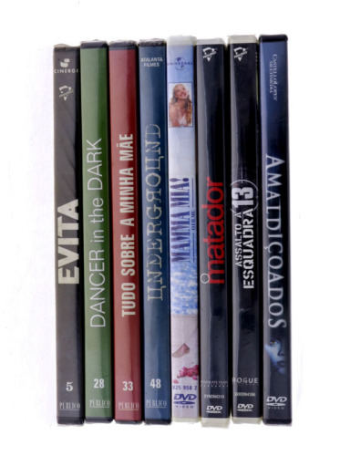 Lote 41 - CONJUNTO DE DVDS ORIGINAIS DE FILMES - Composto por 8 dvds. Embalagens por abrir. Cinefilia diversa entre os quais se destacam: "Evita", "O Matador", "Underground", "Tudo sobre a minha Mãe", “Mamma Mia", entre outros. Nota: alguns filmes galardo