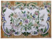 Lote 14 - PAINEL DE AZULEJOS, CARLOS ORTIGOSA - Pintado à mão. Composto por 12 unidades com decoração policromada, representação de pássaros, ramo e flores. Assinado e datado 1987. Dim: 45x60 cm (conjunto). Nota: sinais de armazenamento e ligeiras falhas