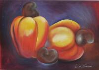 Lote 10 - JÚLIA TAVARES, quadro com pintura a acrílico sobre tela - ORIGINAL - assinado, motivo "Fruta Cajú", com 70x100 cm (pintura com pingos de tinta branca)