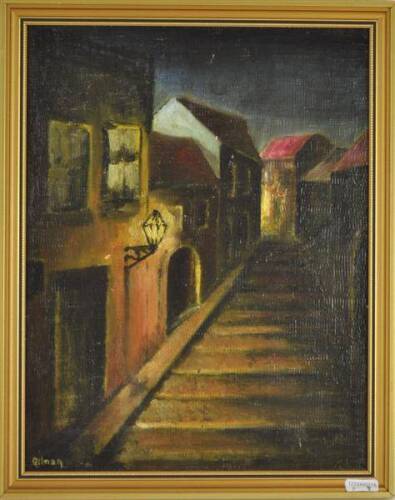 Lote 45 - Quadro com pintura a óleo sobre cartão de Gilman - ORIGINAL - assinado, motivo "Viela Nocturna", com 34x26 cm (moldura com 38x31 cm, falhas e defeitos)