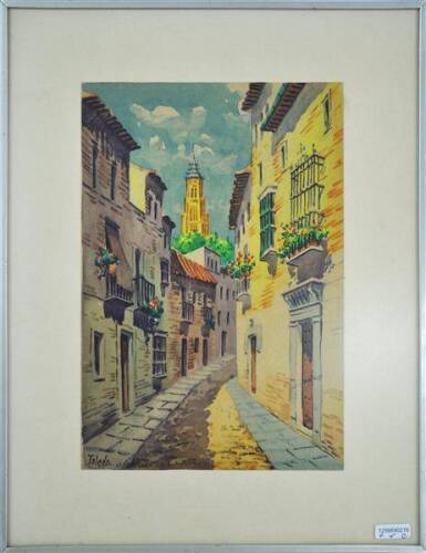 Lote 137 - Quadro com aguarela sobre papel - Original - assinatura ilegível, motivo "Casario, Toledo", com 27,5x18,5 cm (moldura metálica com 39,5x30,5 cm)