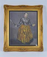 Lote 244 - Paula Rego, reprodução litográfica s/papel fotográfico, motivo "Angel (Anjo)", que reproduz um pastel pintado em 1998, mancha colorida com 50x40cm; moldura dourada (ao estilo barroco) com 70x60cm. NOTA: excepcional reprodução litográfica de Pau