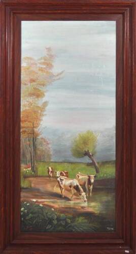 Lote 257 - Quadro com pintura a óleo sobre tela de E.P.Levy - Original - assinado e datado de 1912, motivo "Paisagem", com 150x68 cm (moldura com 180x95 cm, com falhas e defeitos e pintura com falhas de tinta e rasgão)