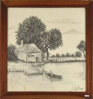 Lote 557 - Desenho a carvão sobre papel, assinado e datado V. Mynthroy (?) 1978, motivo "Paisagem com Barco", com moldura em madeira com 57x54 cm