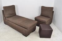 Lote 36 - Lote composto por «chaise longue» e sofá individual em tecido «Chenille», em tons de castanho e bege, pés em madeira, almofadas com fechos, «chaise longue» com 100x160x66 cm, sofá individual com 100,86x66 cm e puf em pele sintética castanha, com