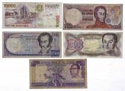 Lote 11 - CONJUNTO DE NOTAS DE DIFERENTES PAISES, ANOS DIVERSOS - Composto por 5 notas, 4 da venezuela, 100, 500, 5,000 e 10,000 Bolivares, e 1 da Gambia, 50 Dalasis. Dim: 152x78 mm (Gambia 50 Dalasis). Sem classificação atribuída, cabe ao licitante atribuir a classificação e a valorização que entender correta