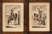 Lote 51 - ESTAMPAS - Duas Estampas (gravuras?) antigas sobre papel com Homens a Cavalo, da autoria de Silva, com molduras em madeira. Dimensão: estampa 26x16,5 cm, moldura 39,5x29,5 cm. Sinais de uso