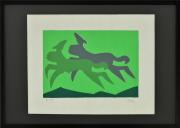 Lote 14 - HENRIQUE DO VALE (n.1959) - Serigrafia sobre papel, assinada, datada de 1999, série PE 1/7, motivo "Cavalos à Solta", mancha colorida com 40x52 cm (moldura com 53x73 cm)