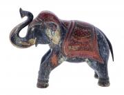 Lote 17 - ELEFANTE DECORATIVO - Em madeira policromada representando elefante com decoração de festividade Hindu. Dim: 25x11x34 cm (aprox.). Nota: sinais de armazenamento. Desgastes