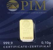 Lote 2 - OURO FINO 24 KT - Barra de Ouro de 999,9 (24 kt) em invólucro selado, numerado e certificado de autenticidade emitido pela PIM, NMR Melter Assayer. Peso: 0.10 g. http://www.bportugal.pt/Mobile/BPStat/DominiosEstatisticos.aspx?IndID=122446