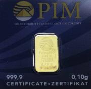 Lote 15 - OURO FINO 24 KT - Barra de Ouro de 999,9 (24 kt) em invólucro selado, numerado e certificado de autenticidade emitido pela PIM, NMR Melter Assayer. Peso: 0.10 g. http://www.bportugal.pt/Mobile/BPStat/DominiosEstatisticos.aspx?IndID=122446