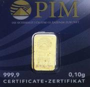 Lote 24 - OURO FINO 24 KT - Barra de Ouro de 999,9 (24 kt) em invólucro selado, numerado e certificado de autenticidade emitido pela PIM, NMR Melter Assayer. Peso: 0.10 g. http://www.bportugal.pt/Mobile/BPStat/DominiosEstatisticos.aspx?IndID=122446