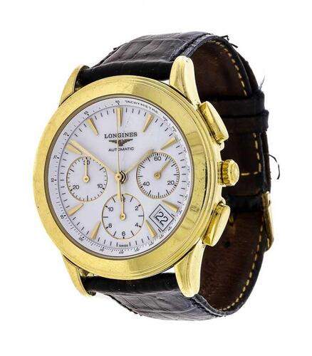 Lote 6057 - LONGINES, RELÓGIO DE PULSO - Modelo Flagship Automatic Chronograph, Ref. L47186, original. Caixa em ouro 750 com 39 mm e bracelete em pele. Movimento automático. Mostrador com marcadores, quadrantes de cronógrafo e data entre as 4 e as 5 horas