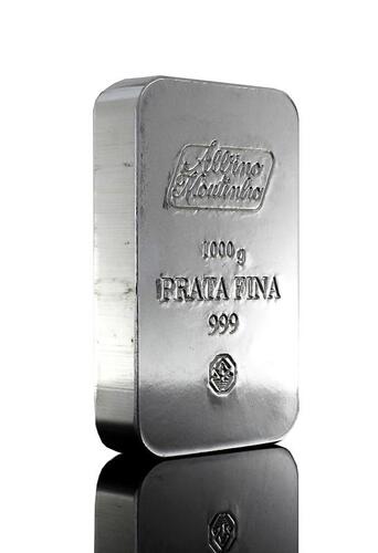 Lote 6094 - BARRA DE PRATA FINA, 1 KG - Barra de Prata Fina 999,9 com 1.000 g. (mil gramas = um quilograma) com Certificado de Garantia emitido por Albino Moutinho Lda, em bolsa própria individualmente acondicionada. https://www.bportugal.pt/Mobile/BPStat