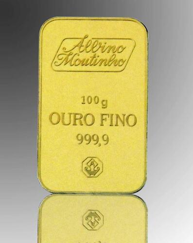 Lote 6063 - BARRA DE OURO FINO 100 GRAMAS - Ouro Fino 999,9 com 100 g. produzida por Albino e Moutinho Lda https://www.bportugal.pt/Mobile/BPStat/DominiosEstatisticos.aspx?IndID=122446. Este lote é vendido com a nossa Garantia Retoma 5 Anos Mesmo Valor de