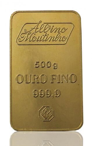 Lote 6097 - BARRA DE OURO FINO 500 GRAMAS - Ouro Fino 999,9 com 500 g. produzida por Albino e Moutinho Lda https://www.bportugal.pt/Mobile/BPStat/DominiosEstatisticos.aspx?IndID=122446. Este lote é vendido com a nossa Garantia Retoma 5 Anos Mesmo Valor de