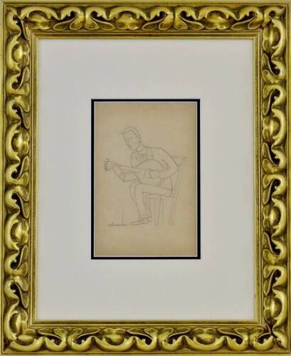 Lote 6038 - ALMADA NEGREIROS (1893-1970) - Original - Desenho a lápis sobre papel, assinado, motivo "Guitarrista", com 22,5x15cm (moldura com 52x42,5 cm). Obra com técnica semelhante deste pintor foi vendida por € 4.000 numa leiloeira de Lisboa. Nota: Alm