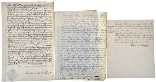 Lote 11 - CONJUNTO DE CARTAS MANUSCRITAS - 3 vols., 1 de D. Pedro IV; Carta de D. Isabel Maria, Infanta Regente dos Reinos e documento assinado pelo Conde do Bonfim. Invulgar. Nota: dobras e acidez